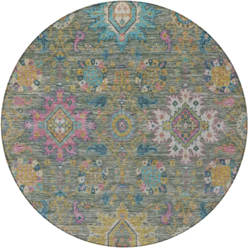 8' Artichoke Green Blush And Gold Round Medallion Washable Indoor Outdoor Area Rug Photo 3