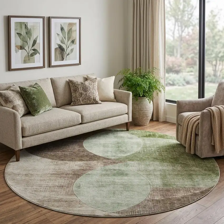 8' Artichoke Green Brown And Beige Geometric Washable Round Rug With UV Protection Photo 1