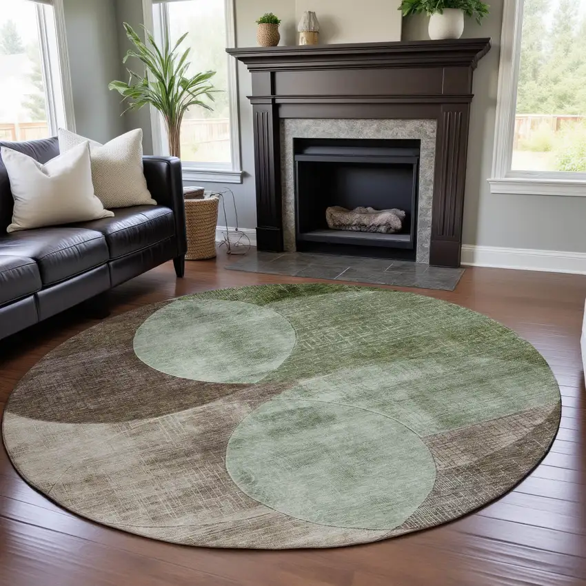 8' Artichoke Green Brown And Beige Geometric Washable Round Rug With UV Protection Photo 4
