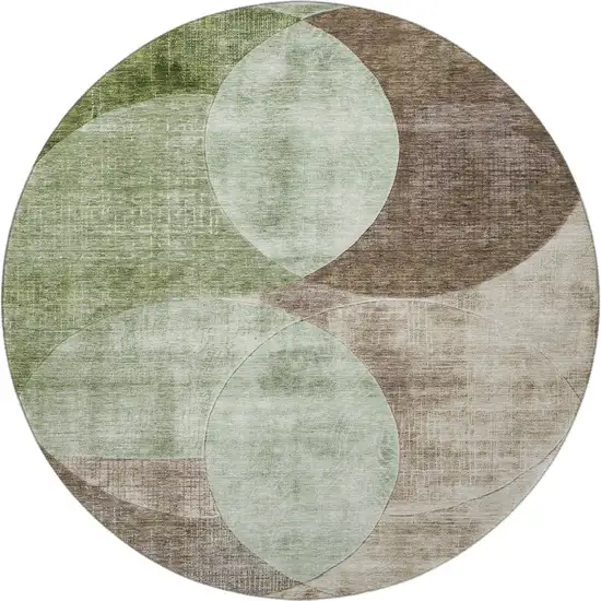 8' Artichoke Green Brown And Beige Geometric Washable Round Rug With UV Protection Photo 3