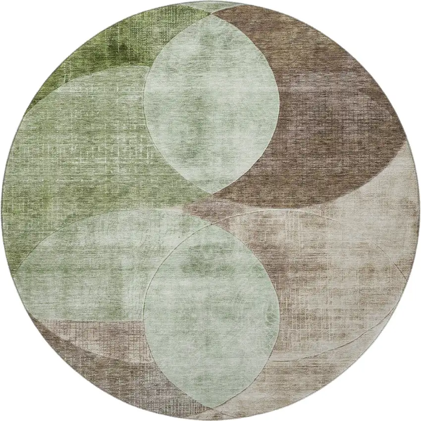 8' Artichoke Green Brown And Beige Geometric Washable Round Rug With UV Protection Photo 3