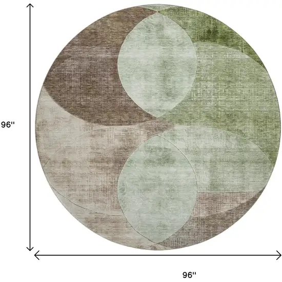 8' Artichoke Green Brown And Beige Geometric Washable Round Rug With UV Protection Photo 9