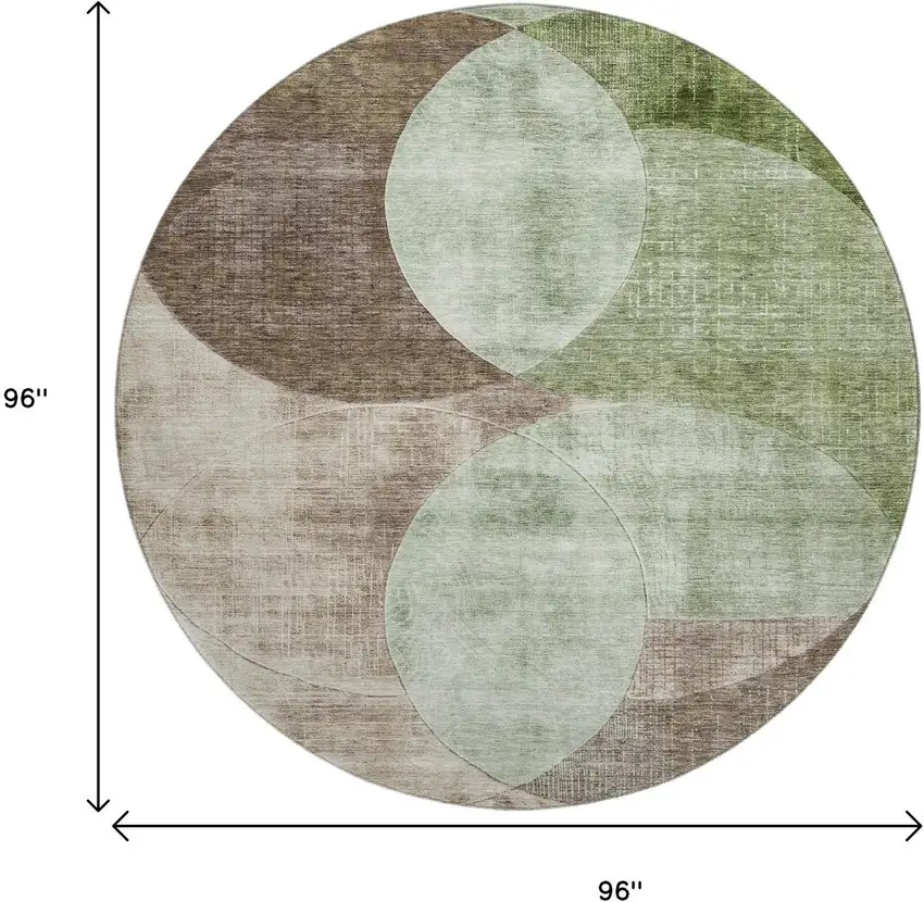 8' Artichoke Green Brown And Beige Geometric Washable Round Rug With UV Protection Photo 9