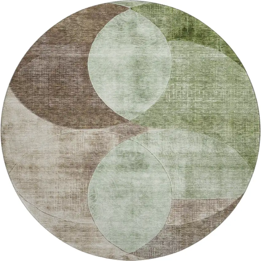 8' Artichoke Green Brown And Beige Geometric Washable Round Rug With UV Protection Photo 1