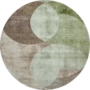 Photo of 8' Artichoke Green Brown And Beige Geometric Washable Round Rug With UV Protection