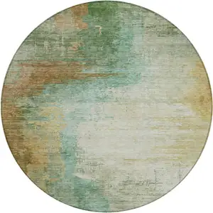 Photo of 8' Artichoke Green Brown And Beige Round Abstract Washable Indoor Outdoor Area Rug