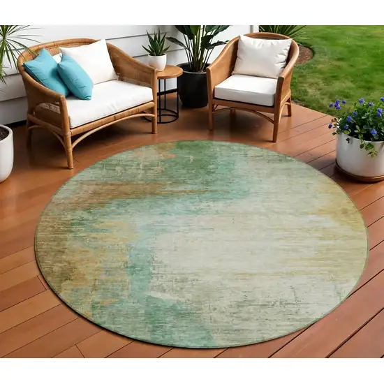 8' Artichoke Green Brown And Beige Round Abstract Washable Indoor Outdoor Area Rug Photo 2
