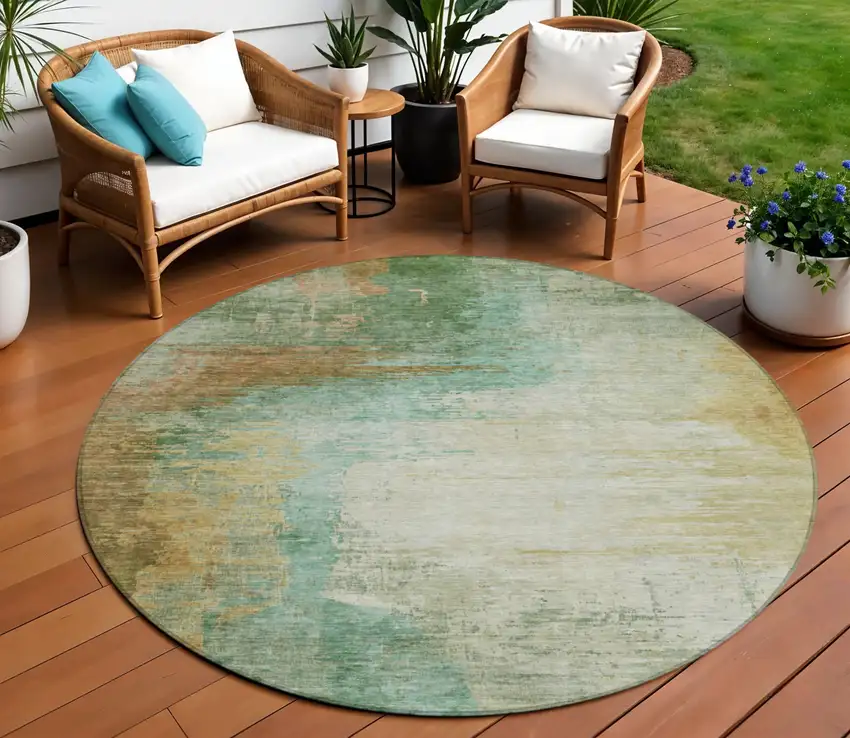 8' Artichoke Green Brown And Beige Round Abstract Washable Indoor Outdoor Area Rug Photo 2