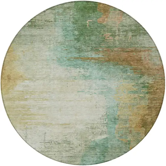 8' Artichoke Green Brown And Beige Round Abstract Washable Indoor Outdoor Area Rug Photo 4