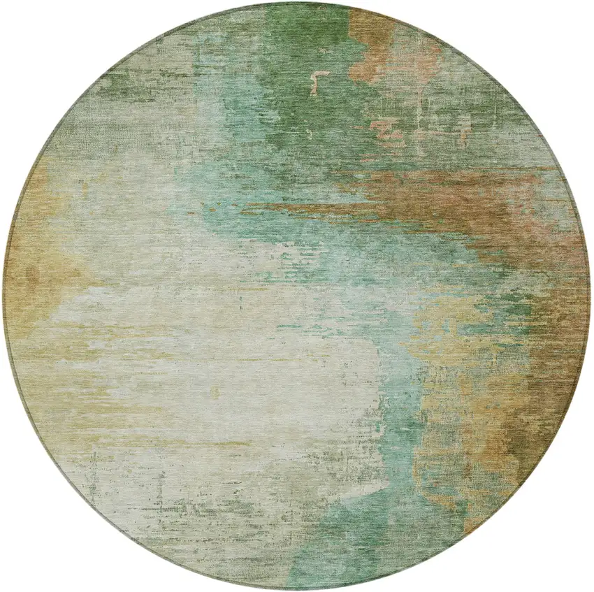 8' Artichoke Green Brown And Beige Round Abstract Washable Indoor Outdoor Area Rug Photo 4