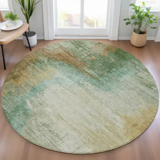 8' Artichoke Green Brown And Beige Round Abstract Washable Indoor Outdoor Area Rug Photo 7