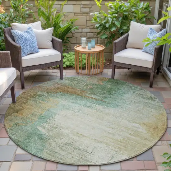 8' Artichoke Green Brown And Beige Round Abstract Washable Indoor Outdoor Area Rug Photo 6