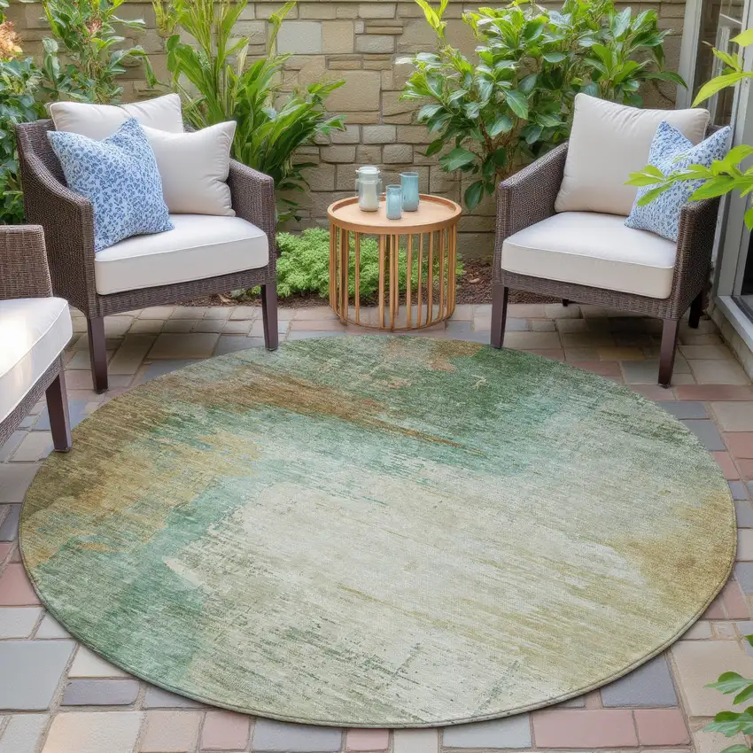 8' Artichoke Green Brown And Beige Round Abstract Washable Indoor Outdoor Area Rug Photo 6