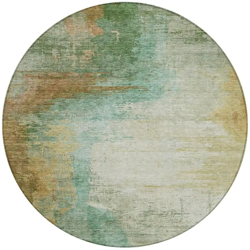 8' Artichoke Green Brown And Beige Round Abstract Washable Indoor Outdoor Area Rug Photo 3