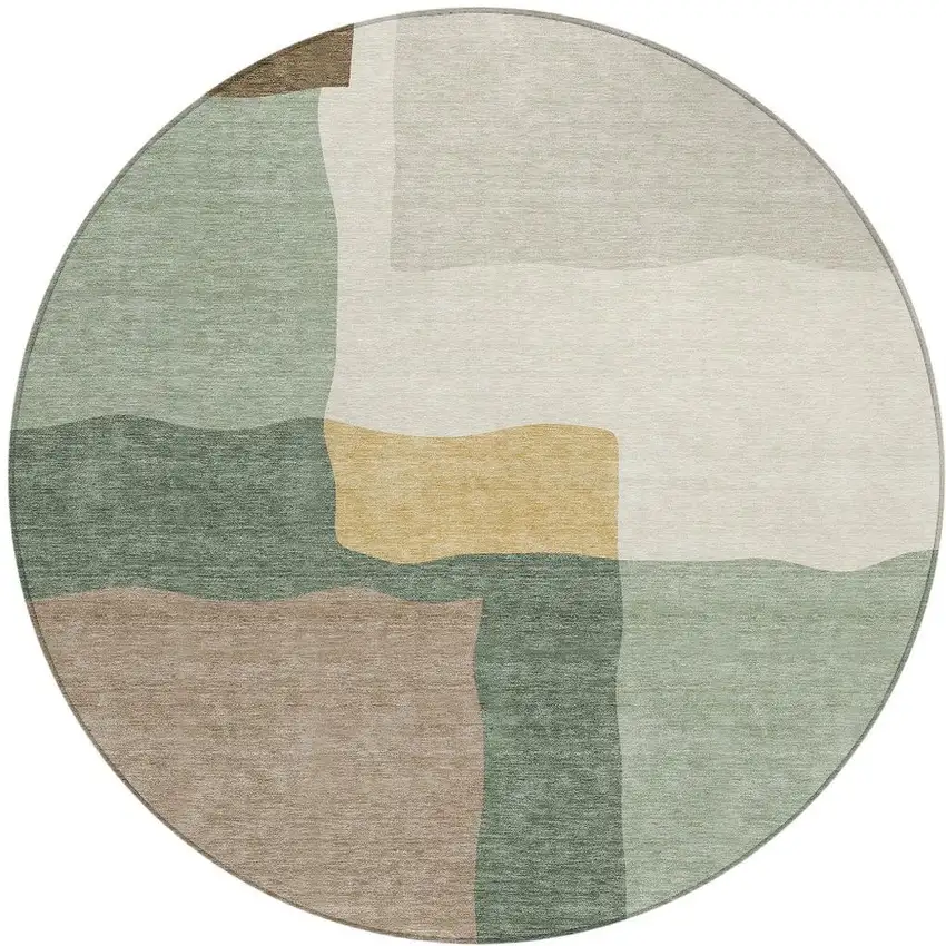 8' Artichoke Green Brown And Beige Round Abstract Washable Indoor Outdoor Area Rug Photo 3