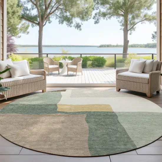 8' Artichoke Green Brown And Beige Round Abstract Washable Indoor Outdoor Area Rug Photo 4
