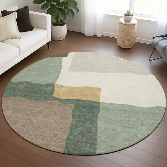 8' Artichoke Green Brown And Beige Round Abstract Washable Indoor Outdoor Area Rug Photo 5