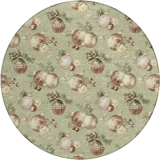 8' Artichoke Green Brown And Beige Round Botanical Leaves Washable Indoor Outdoor Area Rug Photo 1
