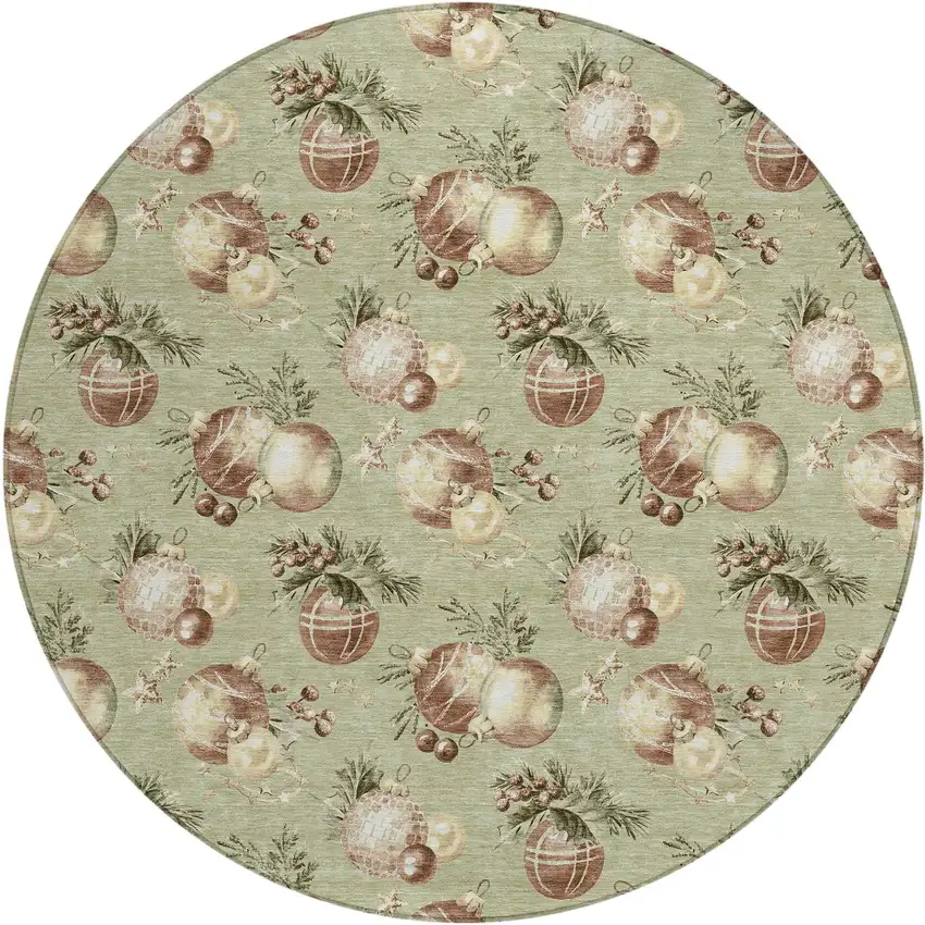8' Artichoke Green Brown And Beige Round Botanical Leaves Washable Indoor Outdoor Area Rug Photo 1