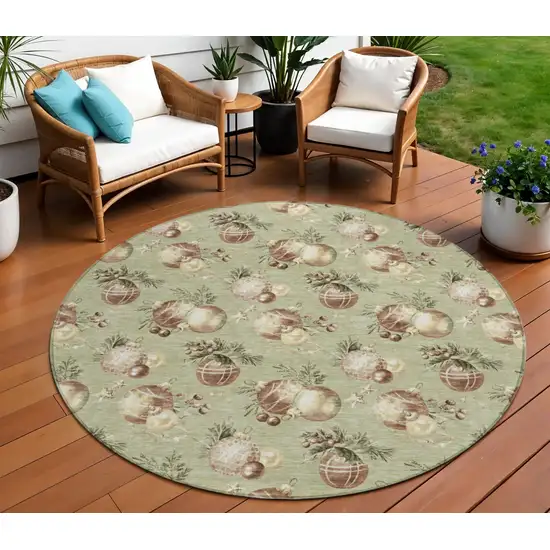 8' Artichoke Green Brown And Beige Round Botanical Leaves Washable Indoor Outdoor Area Rug Photo 2