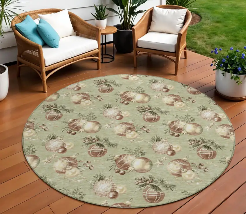 8' Artichoke Green Brown And Beige Round Botanical Leaves Washable Indoor Outdoor Area Rug Photo 2