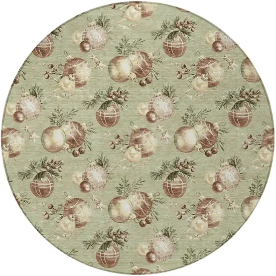 8' Artichoke Green Brown And Beige Round Botanical Leaves Washable Indoor Outdoor Area Rug Photo 3