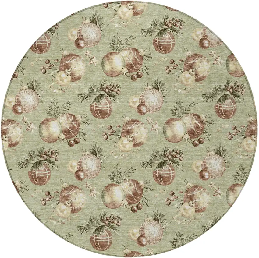 8' Artichoke Green Brown And Beige Round Botanical Leaves Washable Indoor Outdoor Area Rug Photo 3