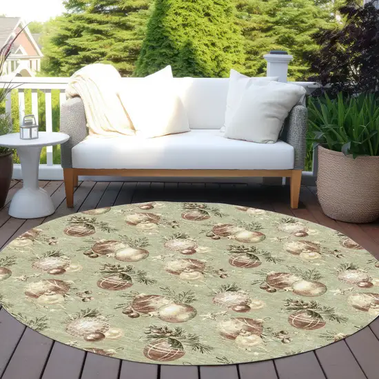 8' Artichoke Green Brown And Beige Round Botanical Leaves Washable Indoor Outdoor Area Rug Photo 5