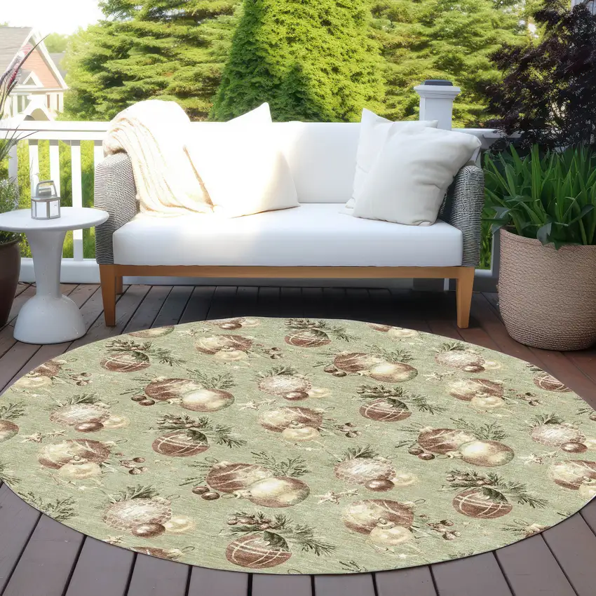 8' Artichoke Green Brown And Beige Round Botanical Leaves Washable Indoor Outdoor Area Rug Photo 5