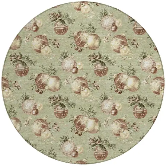 8' Artichoke Green Brown And Beige Round Botanical Leaves Washable Indoor Outdoor Area Rug Photo 4