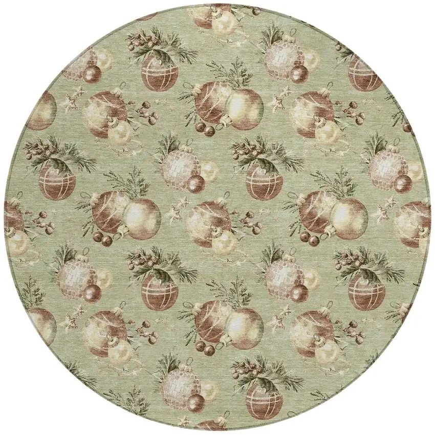 8' Artichoke Green Brown And Beige Round Botanical Leaves Washable Indoor Outdoor Area Rug Photo 4