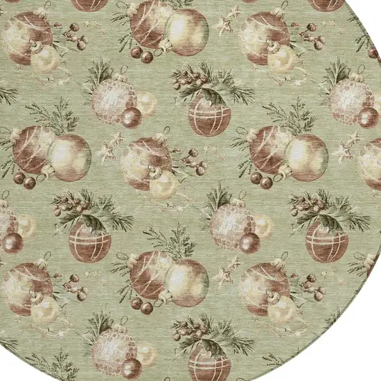 8' Artichoke Green Brown And Beige Round Botanical Leaves Washable Indoor Outdoor Area Rug Photo 9