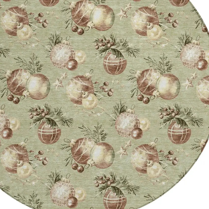 8' Artichoke Green Brown And Beige Round Botanical Leaves Washable Indoor Outdoor Area Rug Photo 9