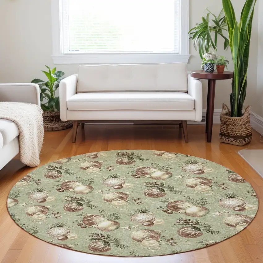 8' Artichoke Green Brown And Beige Round Botanical Leaves Washable Indoor Outdoor Area Rug Photo 6
