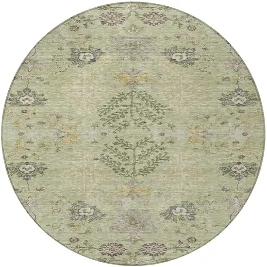 8' Artichoke Green Brown And Beige Round Floral Washable Indoor Outdoor Area Rug Photo 6