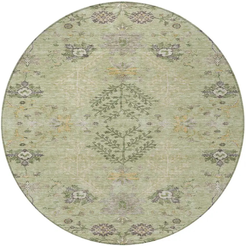 8' Artichoke Green Brown And Beige Round Floral Washable Indoor Outdoor Area Rug Photo 6