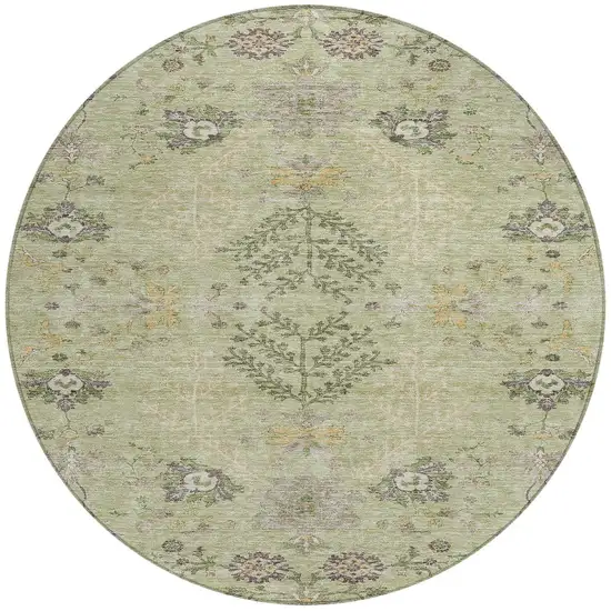 8' Artichoke Green Brown And Beige Round Floral Washable Indoor Outdoor Area Rug Photo 5