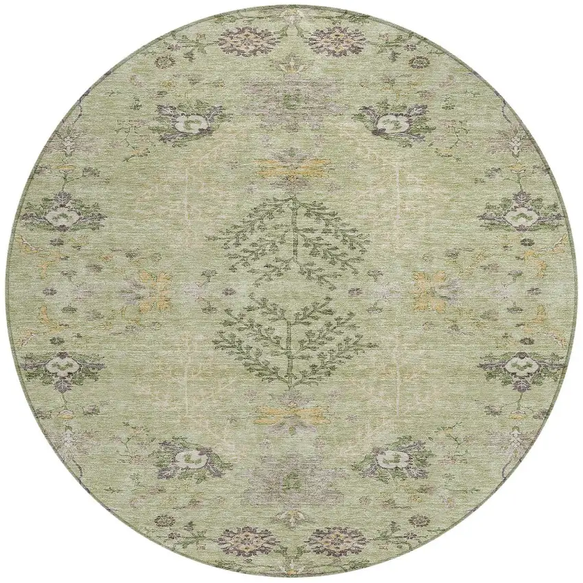 8' Artichoke Green Brown And Beige Round Floral Washable Indoor Outdoor Area Rug Photo 5