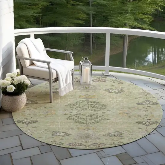 8' Artichoke Green Brown And Beige Round Floral Washable Indoor Outdoor Area Rug Photo 7