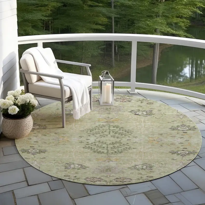 8' Artichoke Green Brown And Beige Round Floral Washable Indoor Outdoor Area Rug Photo 7