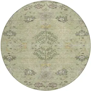 Photo of 8' Artichoke Green Brown And Beige Round Floral Washable Indoor Outdoor Area Rug