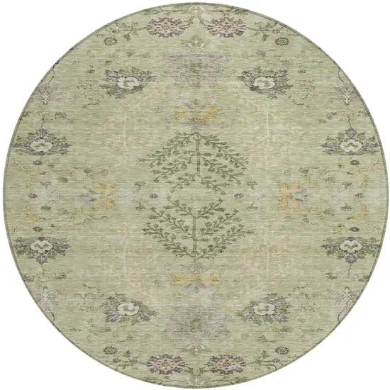 8' Artichoke Green Brown And Beige Round Floral Washable Indoor Outdoor Area Rug Photo 2