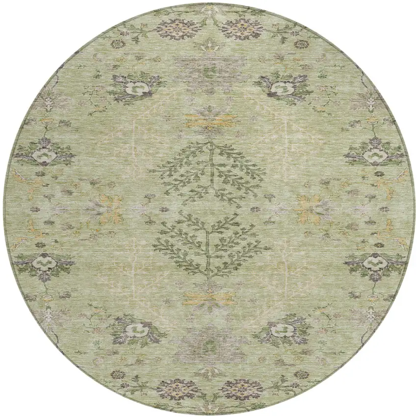 8' Artichoke Green Brown And Beige Round Floral Washable Indoor Outdoor Area Rug Photo 2