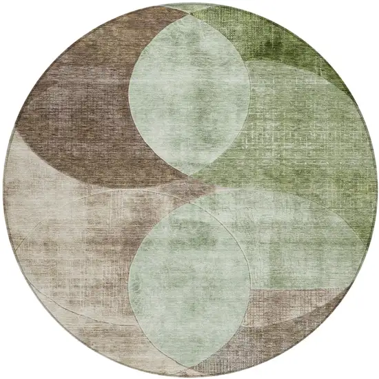 8' Artichoke Green Brown And Beige Round Geometric Washable Indoor Outdoor Area Rug Photo 2