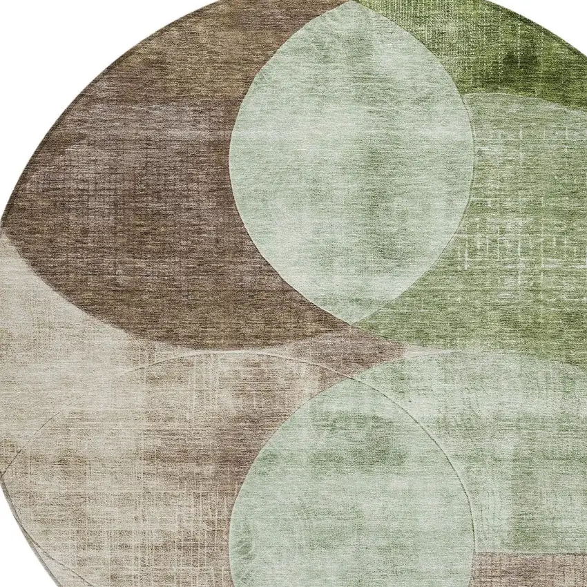 8' Artichoke Green Brown And Beige Round Geometric Washable Indoor Outdoor Area Rug Photo 5