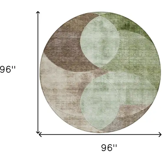 8' Artichoke Green Brown And Beige Round Geometric Washable Indoor Outdoor Area Rug Photo 9
