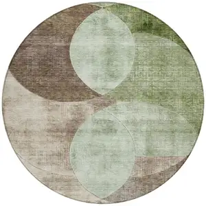 Photo of 8' Artichoke Green Brown And Beige Round Geometric Washable Indoor Outdoor Area Rug