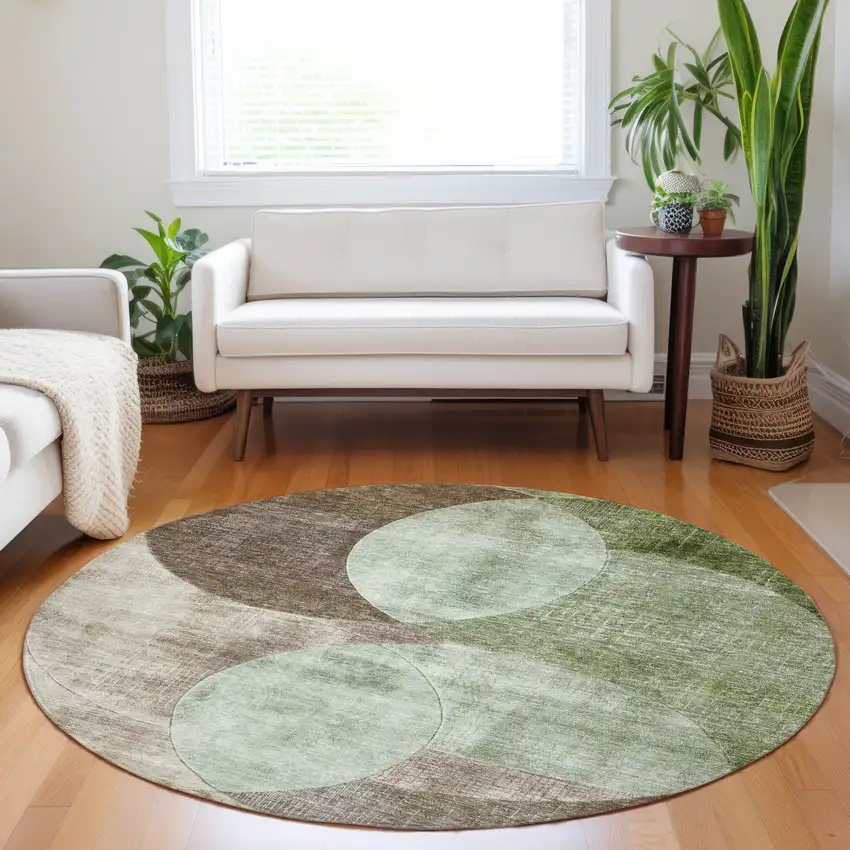 8' Artichoke Green Brown And Beige Round Geometric Washable Indoor Outdoor Area Rug Photo 8