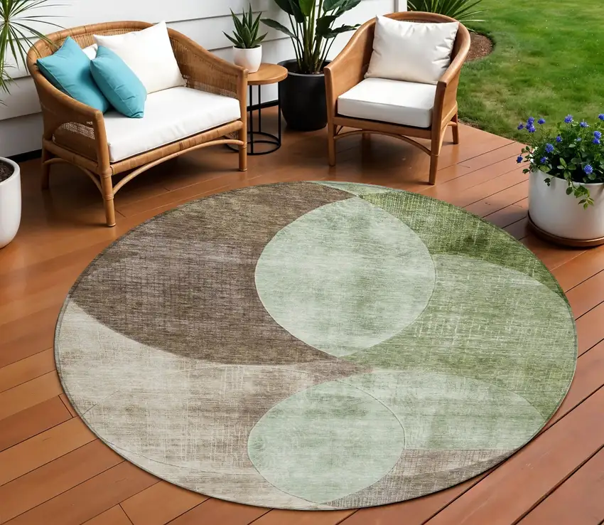8' Artichoke Green Brown And Beige Round Geometric Washable Indoor Outdoor Area Rug Photo 1