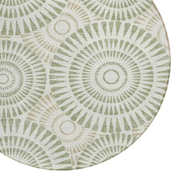 8' Artichoke Green Brown And Beige Round Geometric Washable Indoor Outdoor Area Rug Photo 5
